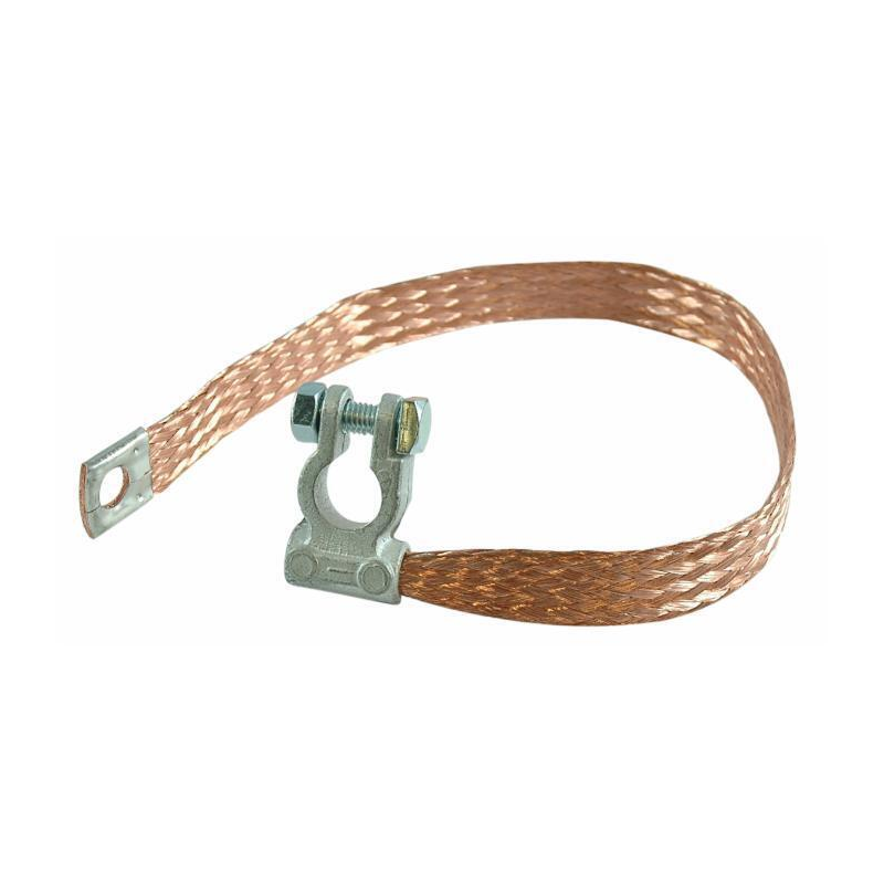 TRECCIA DI MASSA CON MORSETTO BATTERIA POLARITA' NEGATIVA, SEZIONE 25 MM², LUNGHEZZA 400 MM, OCCHIELLO Ø 10,5 MM
