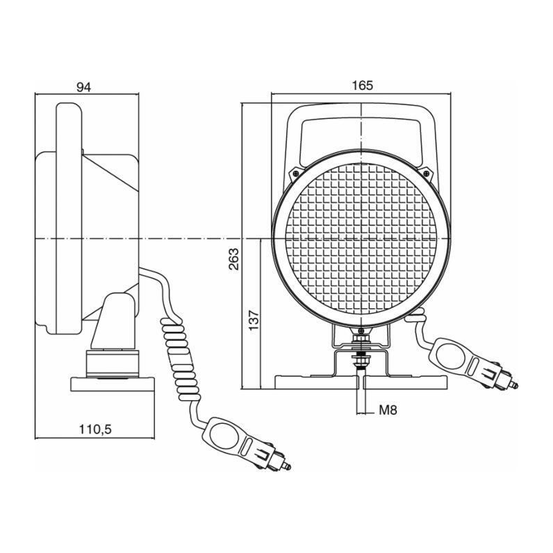 Faro da lavoro alogeno rotondo Ø 161 mm con maniglia, base magnetica, cavo spirale e accendisigari e interruttore
