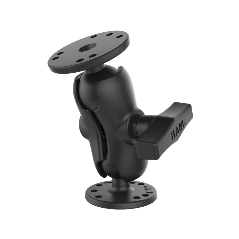 Supporto di fissaggio che include due basi a sfera tonde e un braccio a doppia presa che consente una regolazione quasi infinit