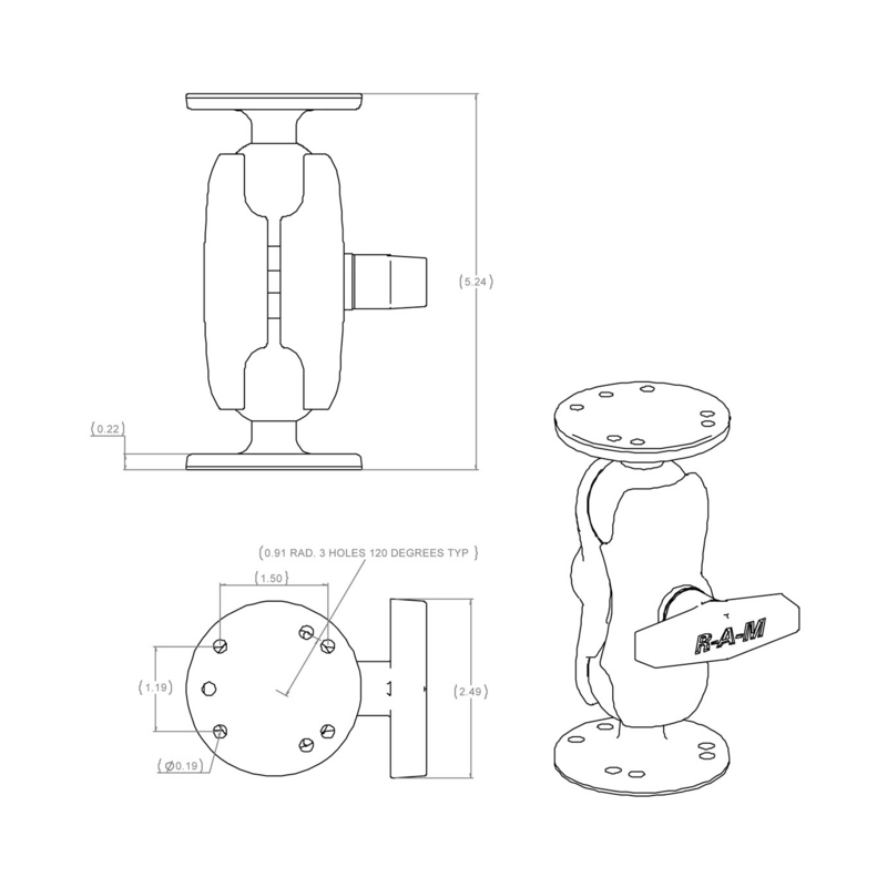 Supporto di fissaggio che include due basi a sfera tonde e un braccio a doppia presa che consente una regolazione quasi infinit
