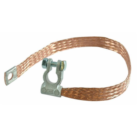 TRECCIA DI MASSA CON MORSETTO BATTERIA POLARITA' NEGATIVA, SEZIONE 35 MM², LUNGHEZZA 500 MM, OCCHIELLO Ø 12,5 MM