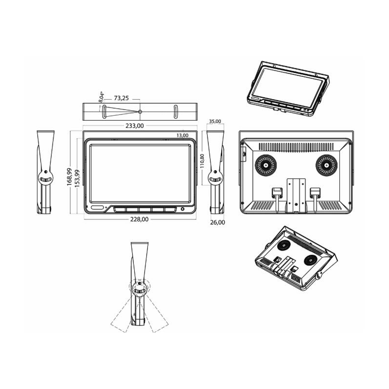 Monitor 9" HD 12-24V 16:9 QUAD split monitor per kit 55806