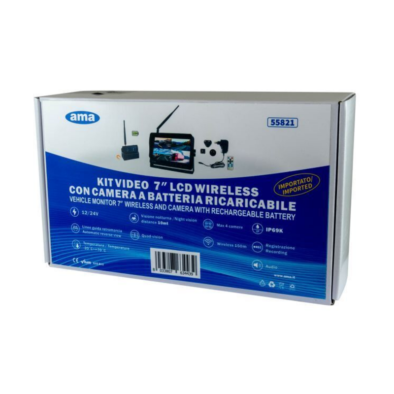 Kit video wireless AHD 7" con camera magnetica a batteria ricaricabile 12-24V