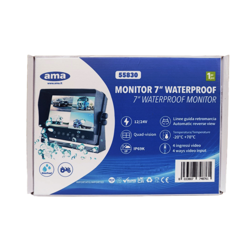 Monitor 7" HD waterproof, 12-24V, max 4 camere