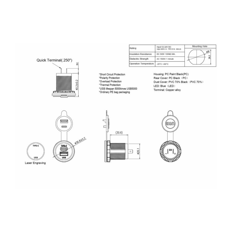 Presa DUAL USB tipo A e C. Input 12-24V, 5V output