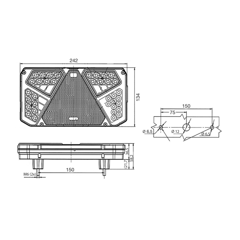 Fanale posteriore LED, lato dx, 12-24V, 242x58,2x134 mm