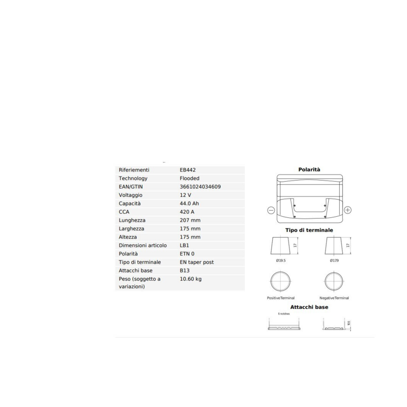 BATTERIA 44AH, 420A, 207x175x175MM, DX