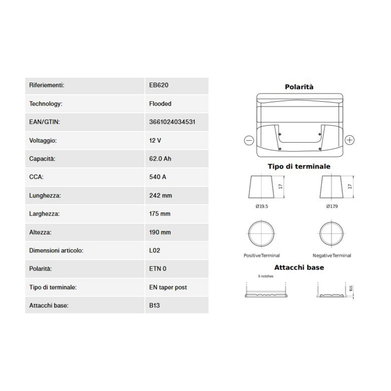 BATTERIA 62AH,540A,242X175X190 DX