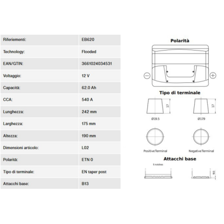 BATTERIA 62AH,540A,242X175X190 DX