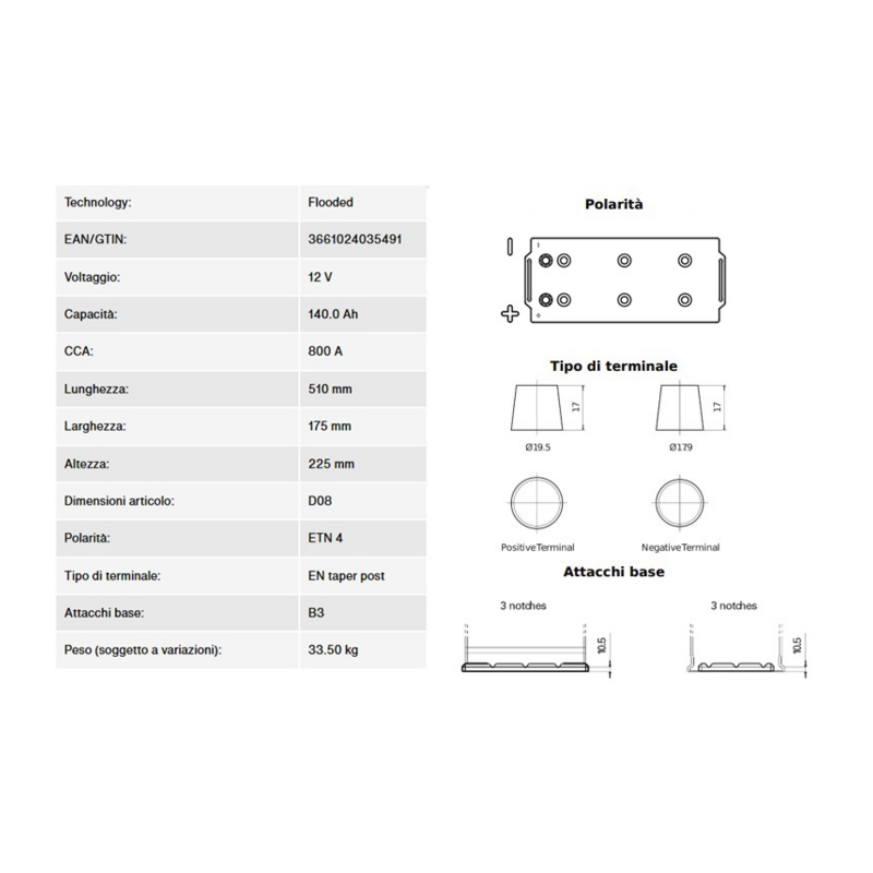BATTERIA120AH, 800A, 510X175X225, DX