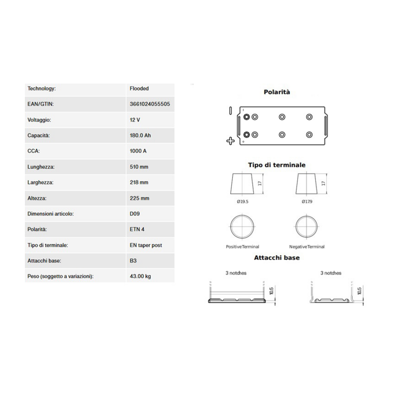BATTERIA 180AH, 1000A, 510X218X225, DX