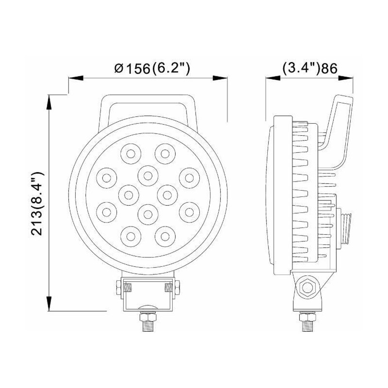 Faro da lavoro rotondo a LED 12-28V, 36W,  4050LM, 12 LED,  con interruttore ON/OFF e maniglia, raggio ampio/largo