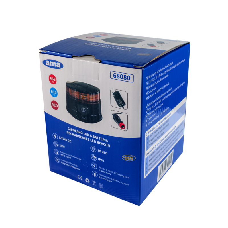 Lampeggiante magnetico LED a batteria 12-24V, 19W, IP67, 30 LED. Autonomia batteria 6,5 ore.