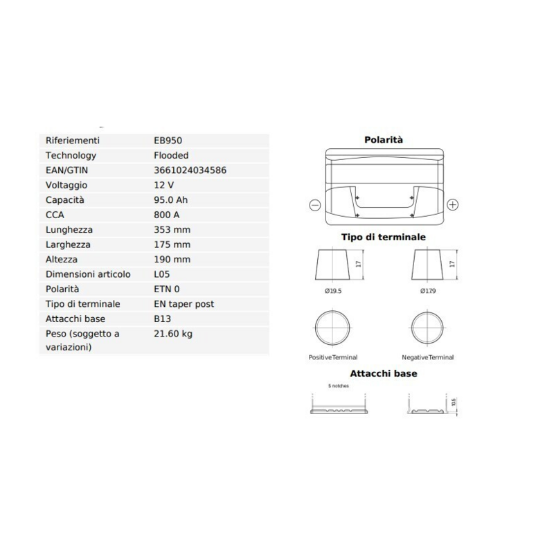 BATTERIA 95 AH, 800A, 353X175X190, DX