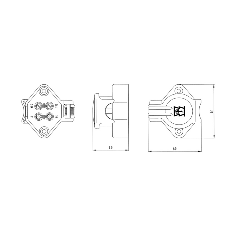 Presa 4 poli 12-24V in plastica con 2 fori di fissaggio e coperchio