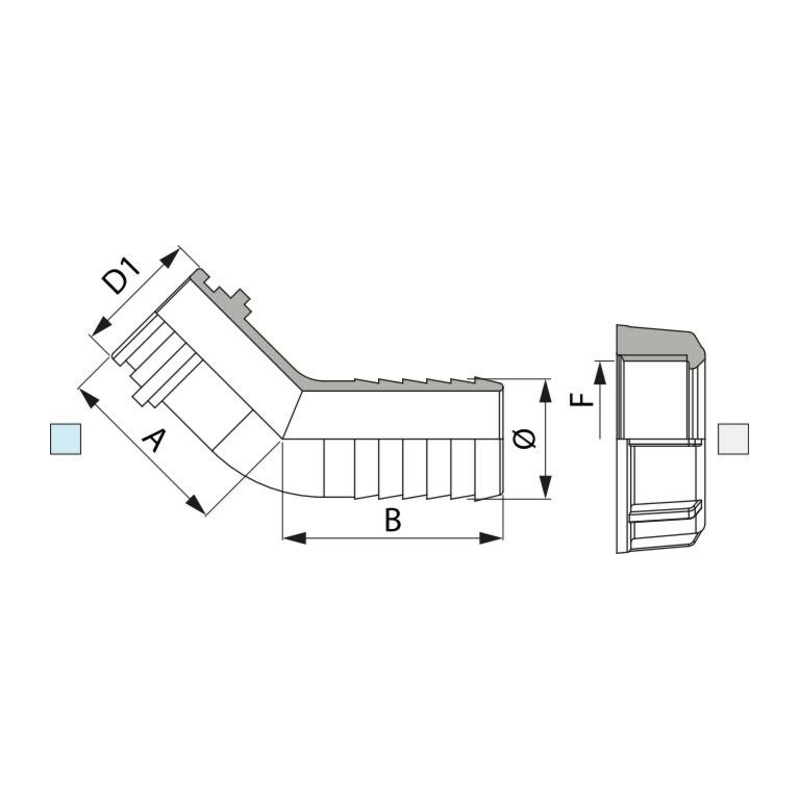 RACC.CURVO 45°PORTAG.Ø40 X GIR.1"1/2