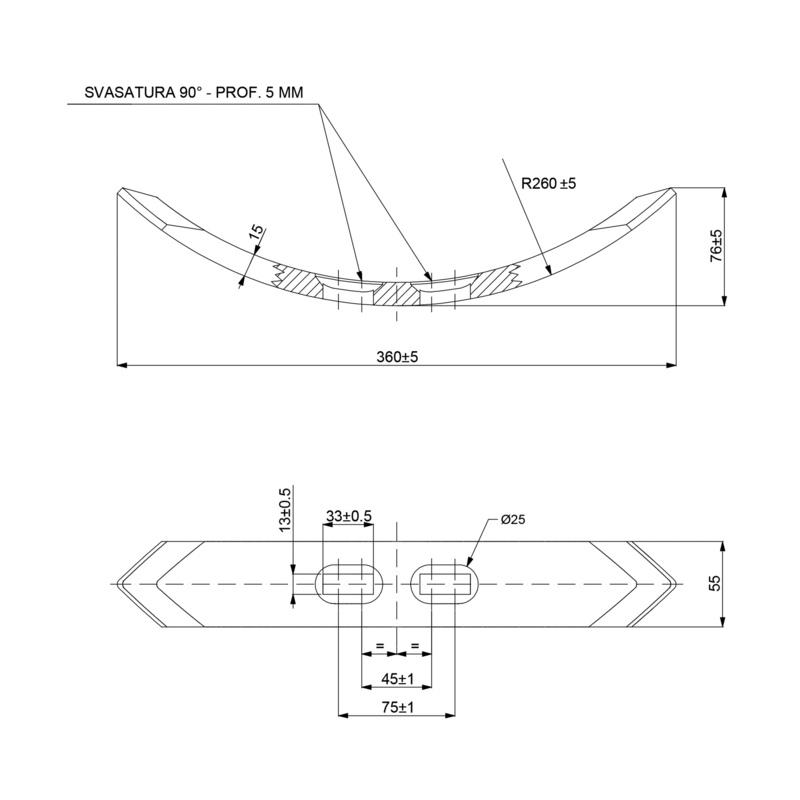 VOMERE REVERSIBILE 55X15X360 INTERASSE 45-75 MM