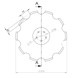 DISCO 510X4 CONCAVO DENTATO BASE PIANA, 5 FORI ø 13 SU ø 98 SKF