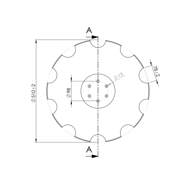 DISCO 510X4 CONCAVO DENTATO BASE PIANA, 6 FORI ø 13 SU ø 98 SKF
