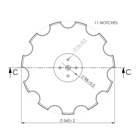 DISCO 560X5 CONCAVO DENTATO BASE PIANA, 4 FORI ø 13 SU ø 98 SKF