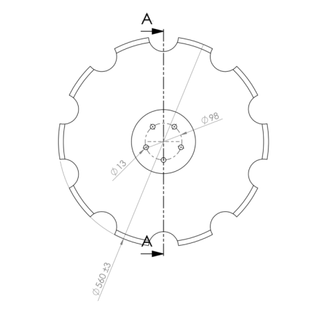 DISCO 560X6 CONCAVO DENTATO BASE PIANA, 5 FORI ø 13 SU ø 98 SKF