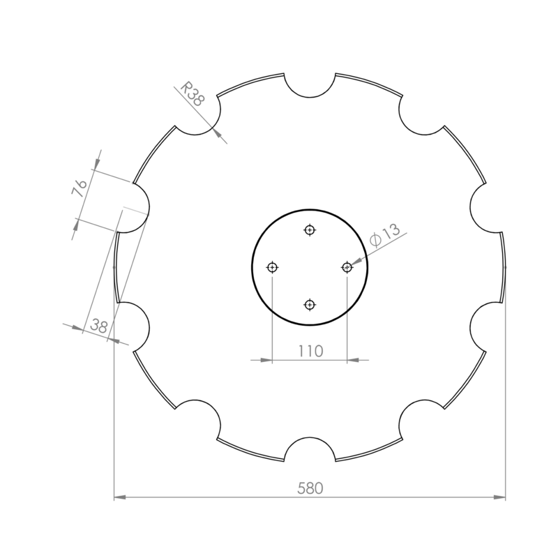 DISCO 580X5 CONCAVO DENTATO BASE PIANA 4 FORI ø 13 SU ø 110 ADATT. POETTINGER