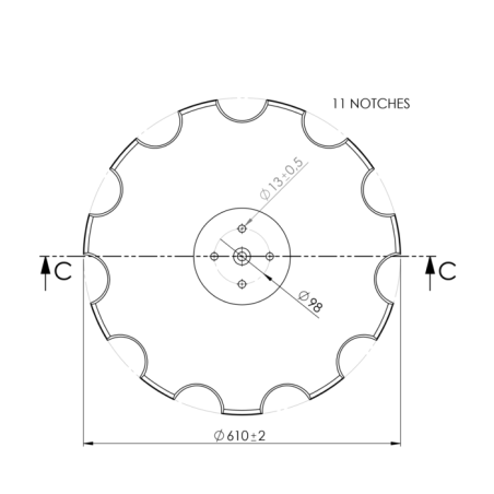 DISCO 610X5 CONCAVO DENTATO BASE PIANA, 4 FORI ø 13 SU ø 98 SKF
