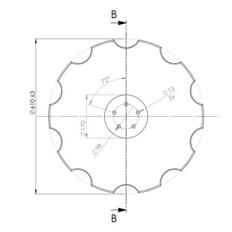 DISCO 610X6 CONCAVO DENTATO BASE PIANA, 5 FORI ø 13 SU ø 98 SKF
