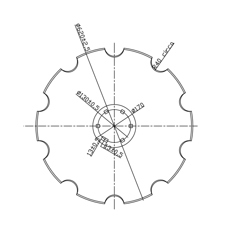DISCO 620X5 CONCAVO DENTATO BASE PIANA, 6 FORI Q.13 SU ø 130
