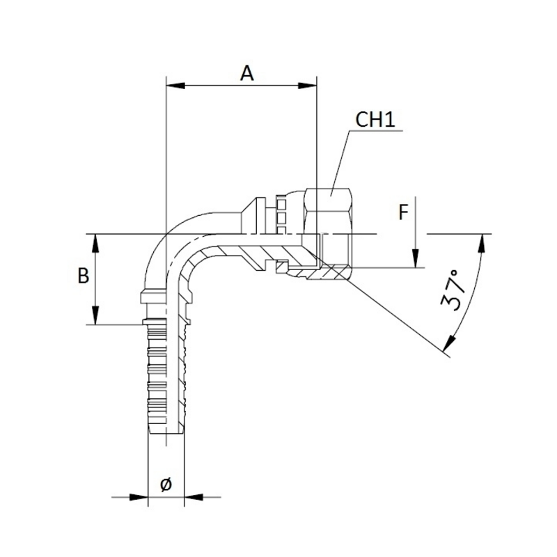 RACCORDO FEMMINA 90° A PRESSARE JIC 74° FILETTO 1”1/16”- 12  TUBO 3/4”