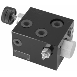 FIANCATA D'INGRESSO CON VALVOLA DI MASSIMA PRESSIONE E VALVOLA DI MESSA A SCARICO E REGOLATORE DI FLUSSO