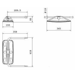 Specchio retrovisore completo dx, misure braccio Ø18 mm altezza 418 mm, coppa specchio 345x155 mm