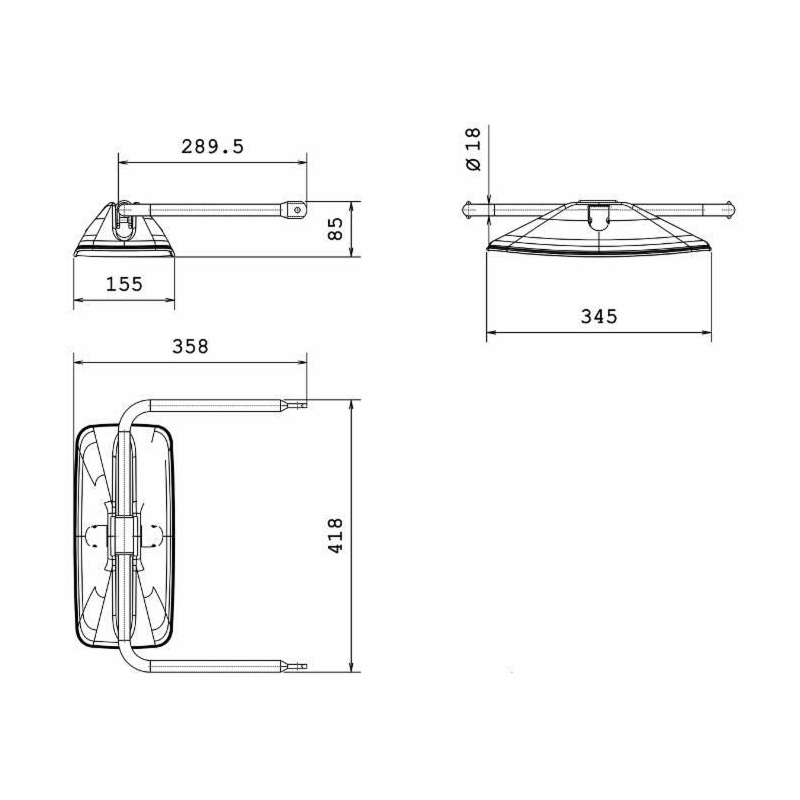 Specchio retrovisore completo dx, misure braccio Ø18 mm altezza 418 mm, coppa specchio 345x155 mm