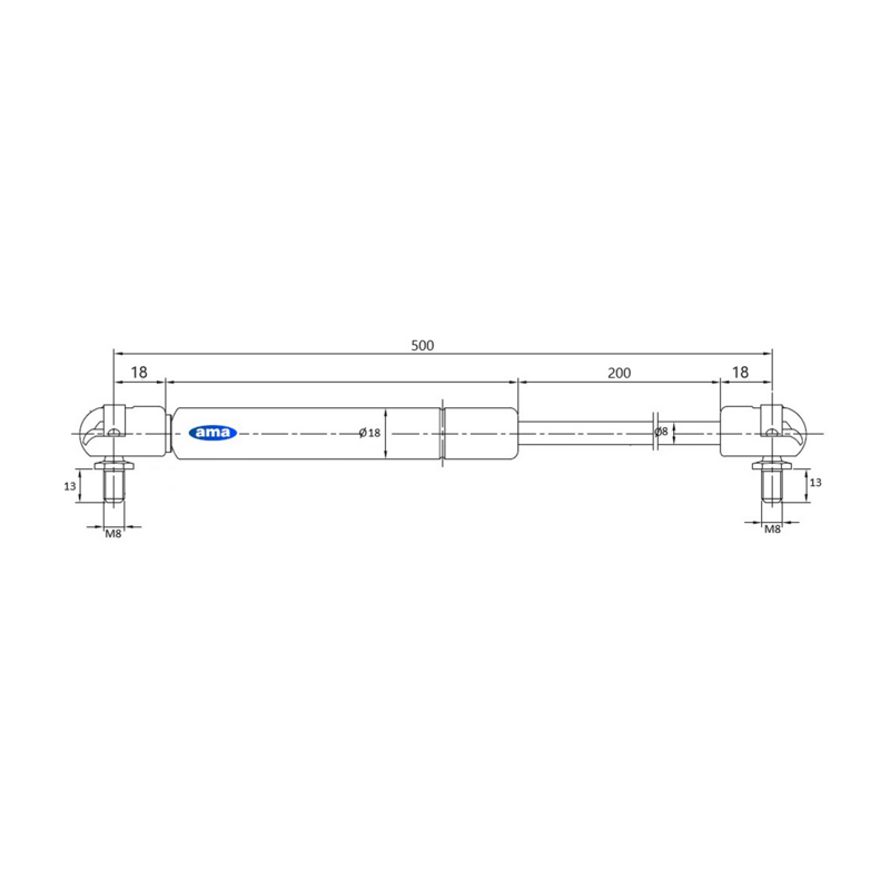 Molla a gas Lmax 500 mm, 250N, corsa 200 mm
