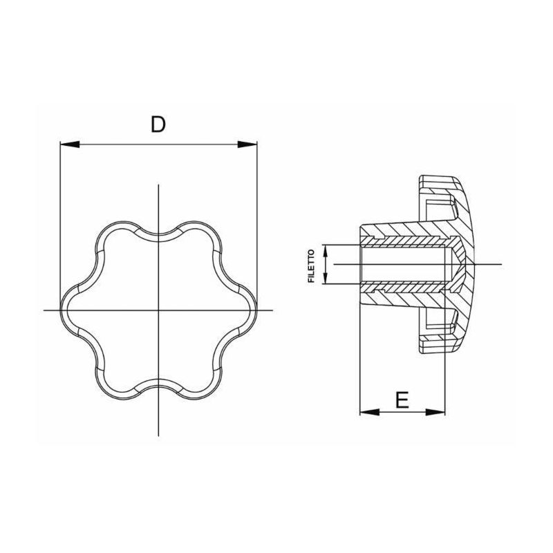VOLANTINO 6 LOBI FEMMINA Ø 50MM, FILETTO M8. BLISTER 2 PZ