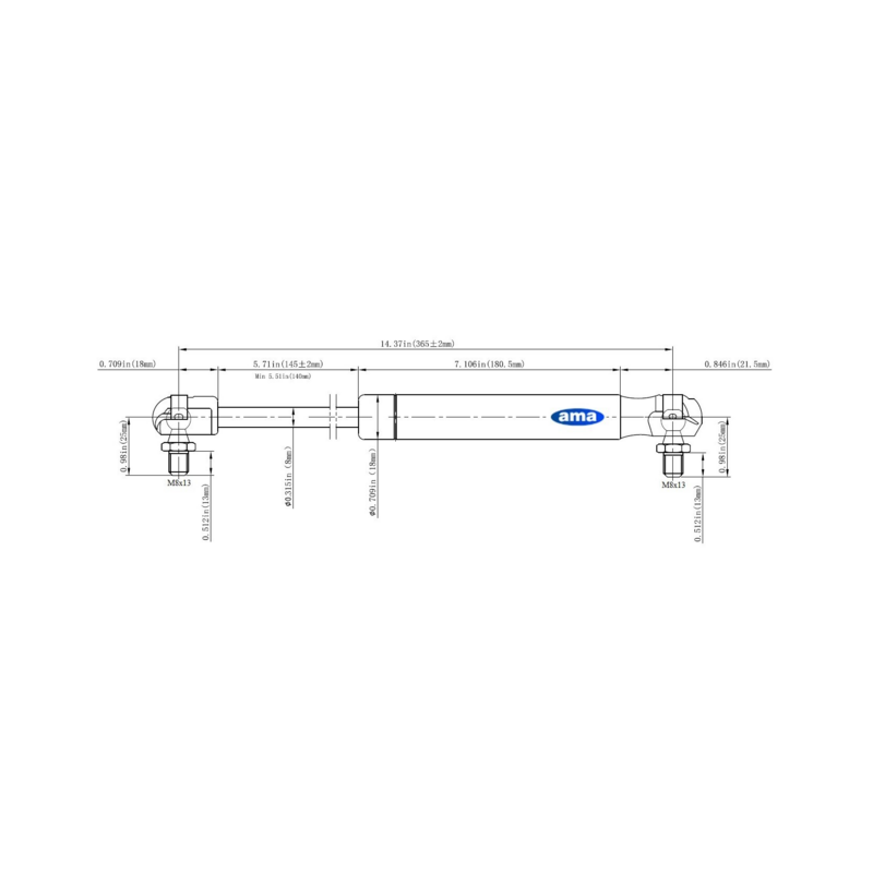 Molla a gas AMA Lmax 365mm 250N corsa 145mm