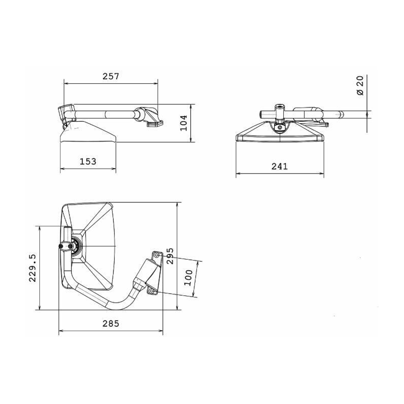 Specchio retrovisore completo sx, misure braccio Ø20mm 285 mm, coppa specchio 241x153 mm