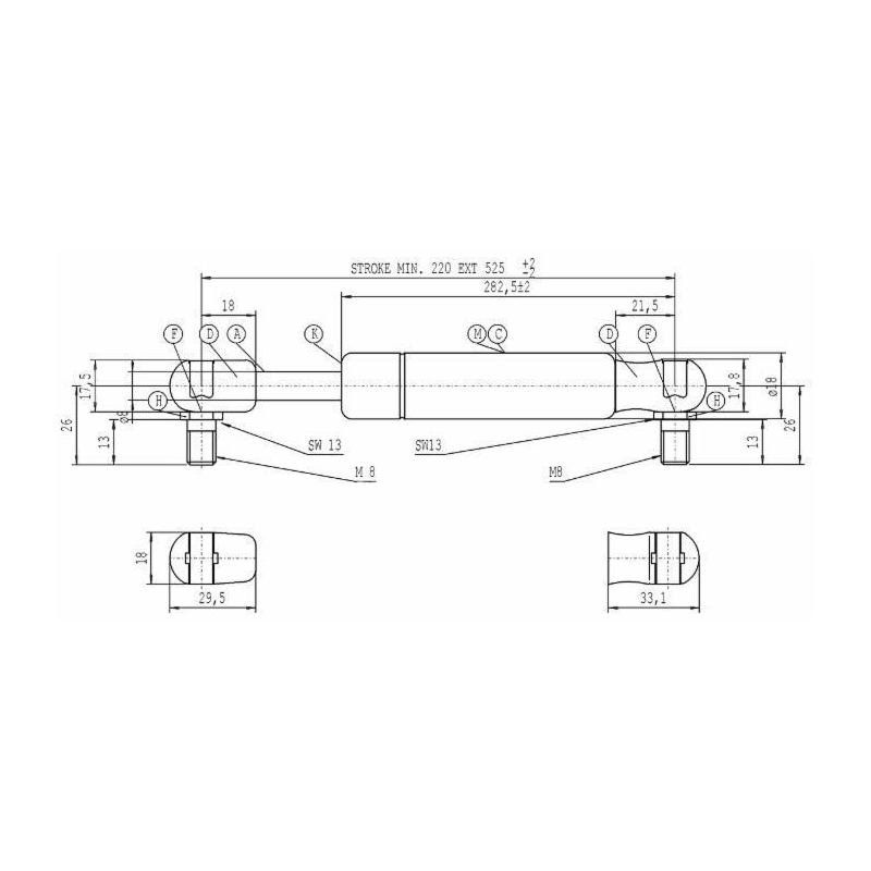 Molla a gas STABILUS, Lmax 525 mm, 150N, corsa 200 mm