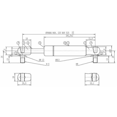Molla a gas STABILUS, Lmax 525 mm, 150N, corsa 200 mm