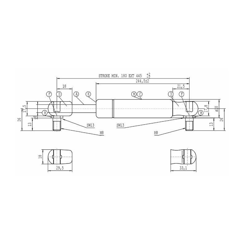 Molla a gas STABILUS Lmax 445 mm, 150N, corsa 180mm