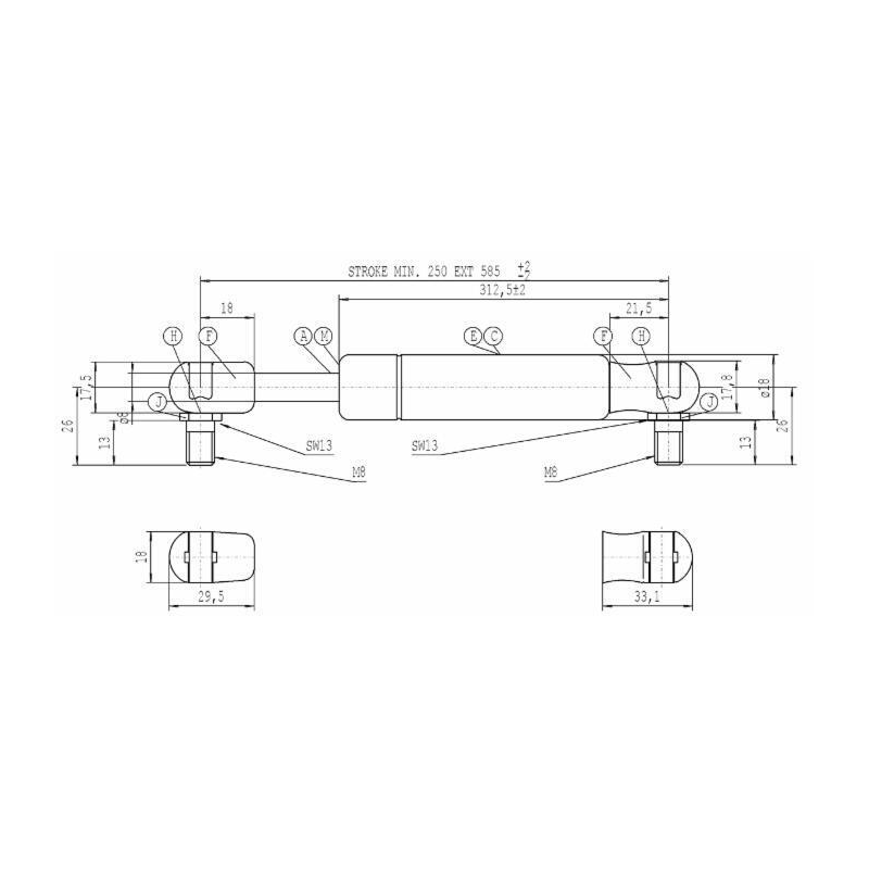Molla a gas STABILUS Lmax 585 mm, 150N, corsa 250 mm