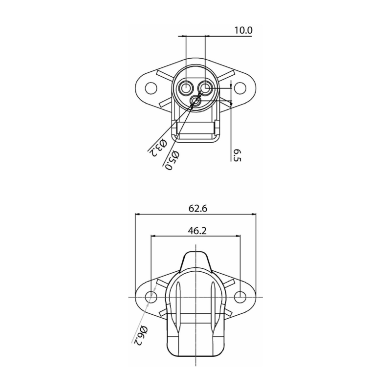 Presa a 3 poli 12–24 V in plastica, con 2 fori di fissaggio e coperchio