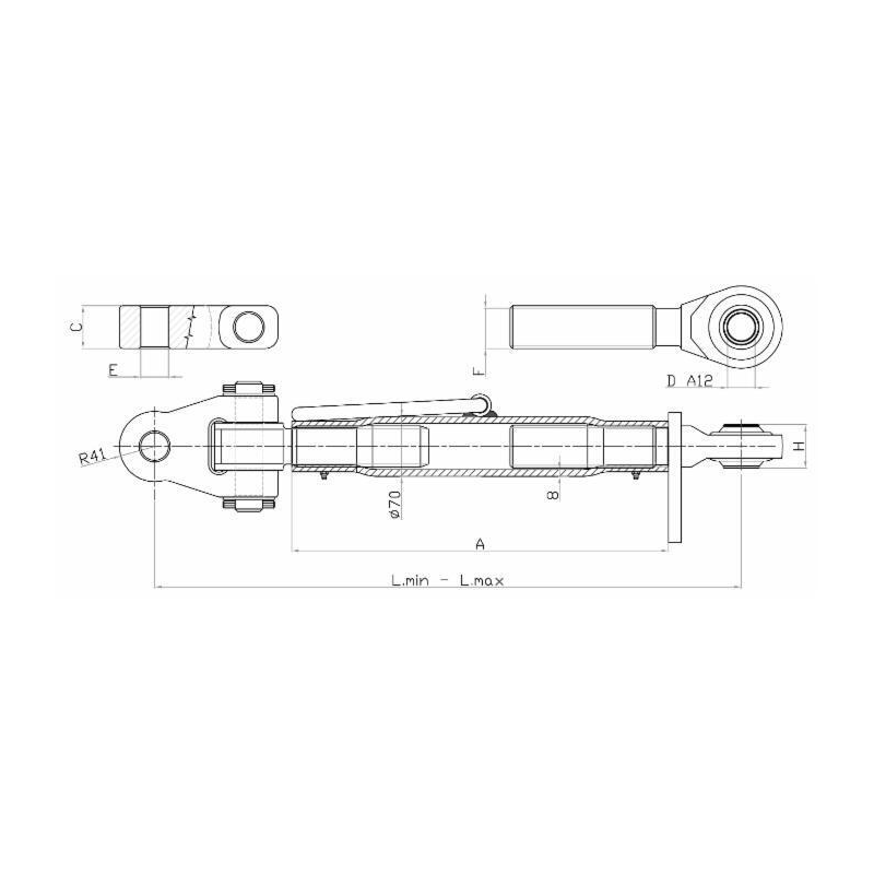 TERZO PUNTO CAT.3/3, FILETTO 48X3, TUBO L-400 CON TIRANTE E ATTACCO SNODATO